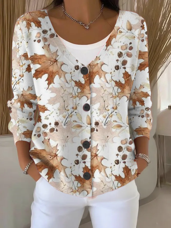 Women Maple Leaf Long Sleeve V Neck Casual Spring/Fall Cardigan Outerwear