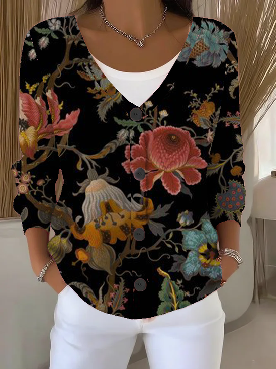 Women Floral Long Sleeve V Neck Casual Spring/Fall Cardigan Outerwear