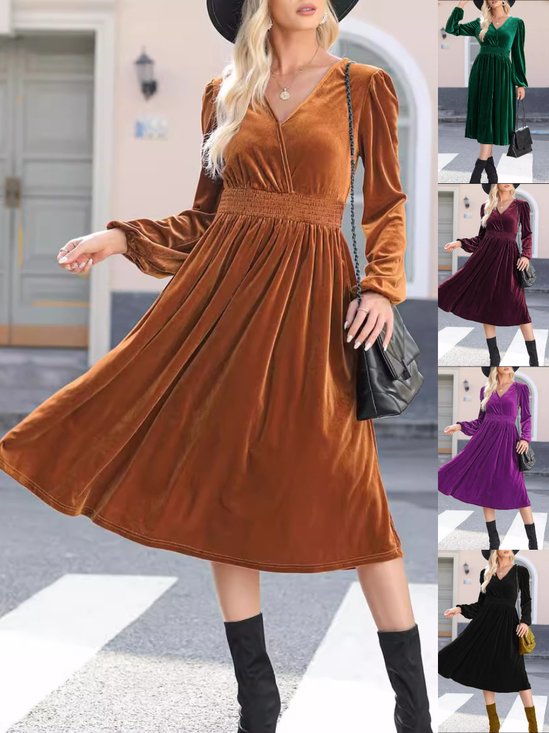 Women Plain Long Sleeve Spring/Fall Split Joint Dress V Neck Daily Vintage Maxi T-Shirt Dress A-Line Dress