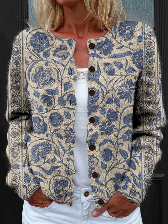 Women Floral Printing Long Sleeve Crew Neck Vintage Spring/Fall Cardigan Outerwear