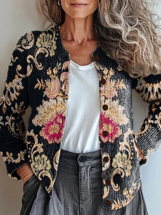 Women Floral Printing Long Sleeve Crew Neck Vintage Spring/Fall Cardigan Outerwear