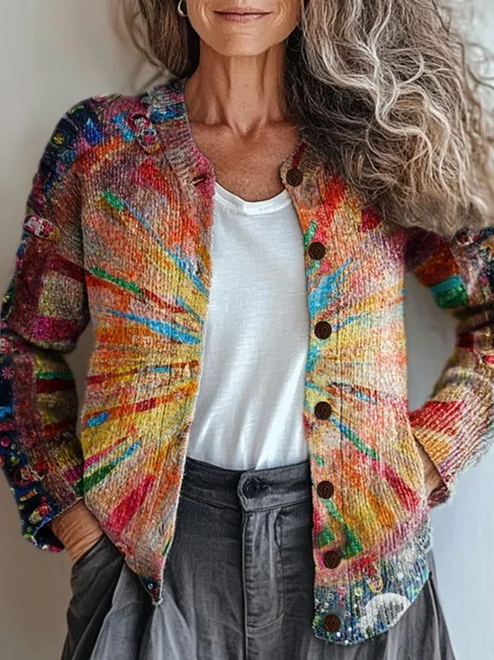 Women Abstract Printing Long Sleeve Crew Neck Vintage Spring/Fall Cardigan Outerwear