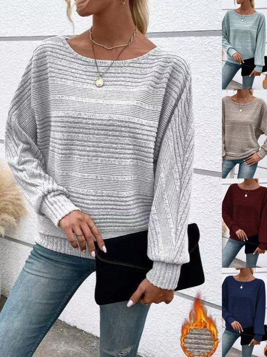 Women Plain Long Sleeve Tee T-shirt Crew Neck Jacquard Vintage Spring/Fall Top