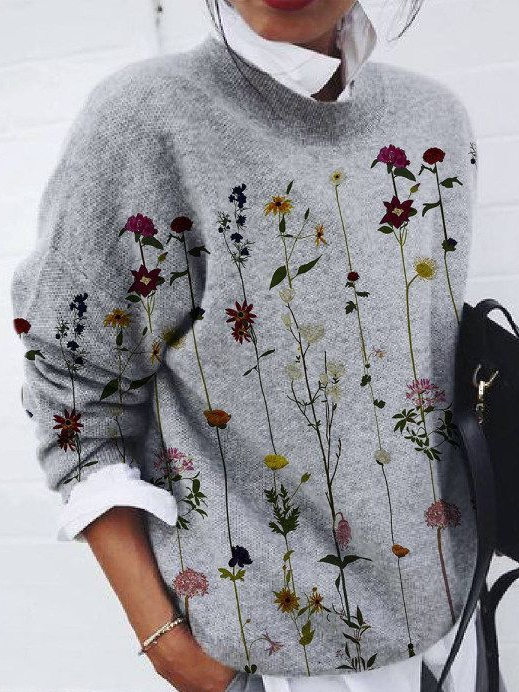 Women Floral Printing Spring/Fall Casual Long Sleeve Crew Neck Sweater