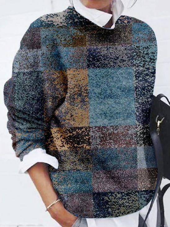 Women Abstract Plaid Printing Spring/Fall Casual Long Sleeve Crew Neck Sweater