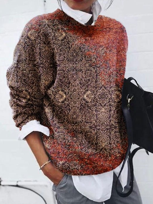 Women Abstract Printing Spring/Fall Casual Long Sleeve Crew Neck Sweater