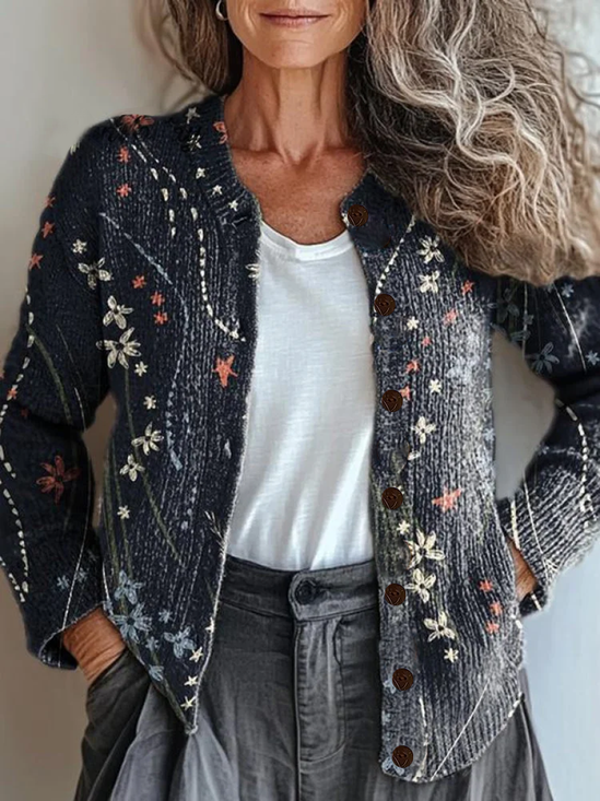 Women Floral Printing Long Sleeve Crew Neck Vintage Spring/Fall Cardigan Outerwear
