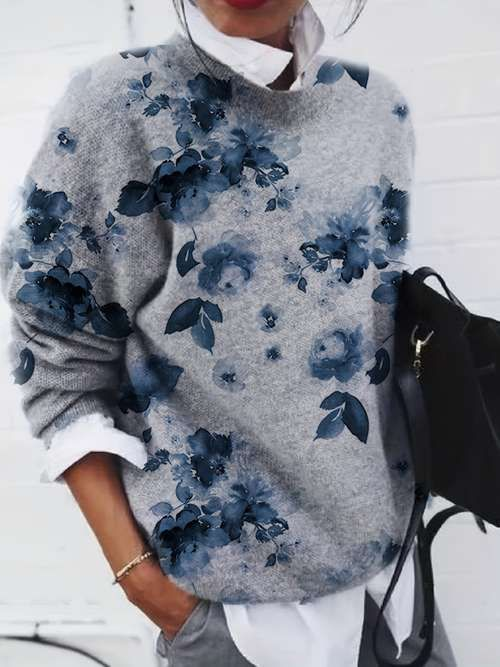 Women Abstract Printing Spring/Fall Casual Long Sleeve Crew Neck Sweater