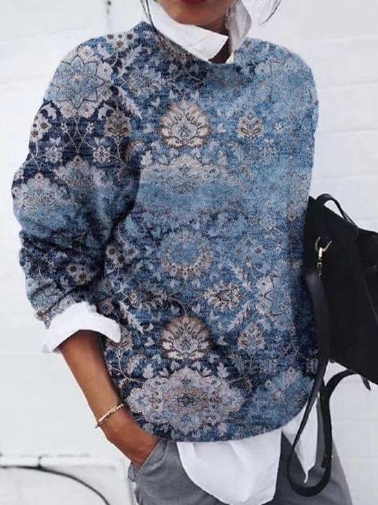 Women Floral Printing Spring/Fall Casual Long Sleeve Crew Neck Sweater