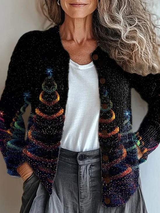 Women Christmas Printing Long Sleeve Crew Neck Vintage Spring/Fall Cardigan Outerwear