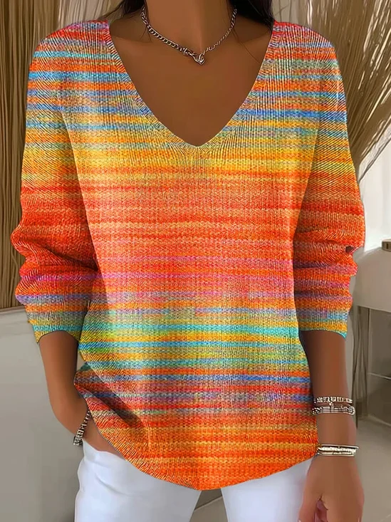 Women Ombre Spring/Fall Casual Long Sleeve V Neck Cotton Sweater