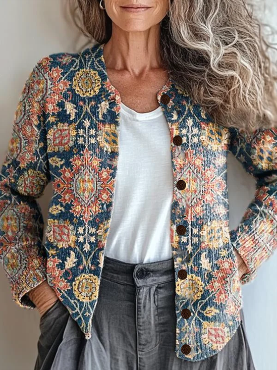 Women Floral Printing Long Sleeve Crew Neck Vintage Spring/Fall Cardigan Outerwear
