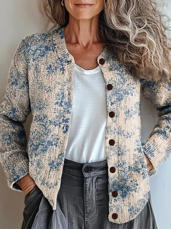Women Floral Printing Long Sleeve Crew Neck Vintage Spring/Fall Cardigan Outerwear