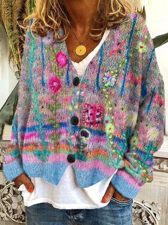 Women Floral Printing Long Sleeve V Neck Casual Spring/Fall Cardigan Outerwear