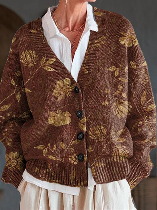Women Floral Printing Long Sleeve V Neck Casual Spring/Fall Cardigan Outerwear