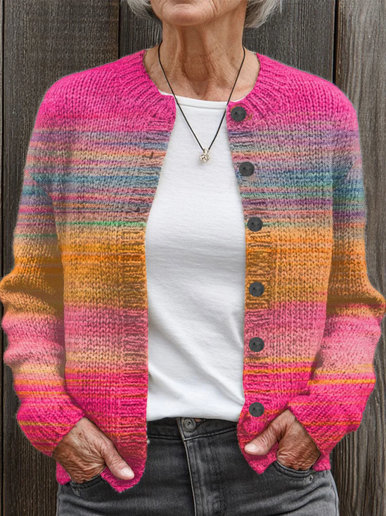 Women Abstract Printing Long Sleeve Crew Neck Vintage Spring/Fall Cardigan Outerwear