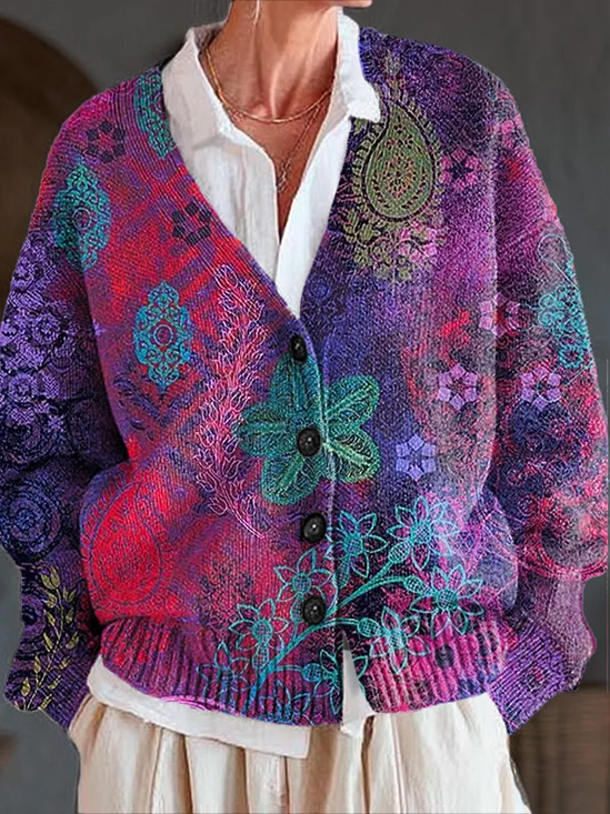 Women Floral Printing Long Sleeve V Neck Casual Spring/Fall Cardigan Outerwear