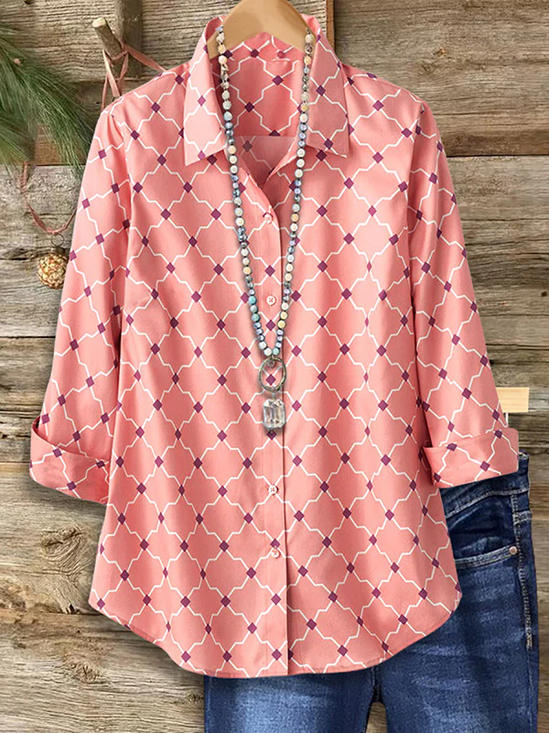 Women Abstract Long Sleeve Shirt Spring/Fall Buckle Shirt Collar Regular Sleeve Daily Casual Top