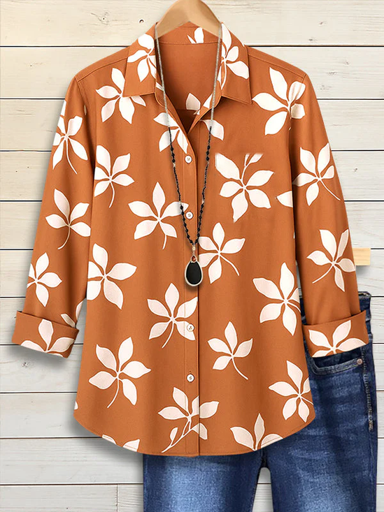 Women Floral Long Sleeve Shirt Spring/Fall Buckle Shirt Collar Regular Sleeve Daily Casual Top