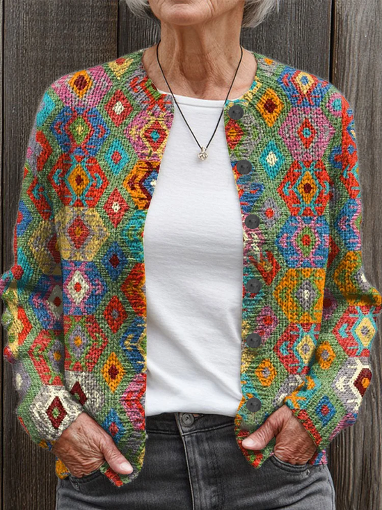 Women Abstract Printing Long Sleeve Crew Neck Vintage Spring/Fall Cardigan Outerwear