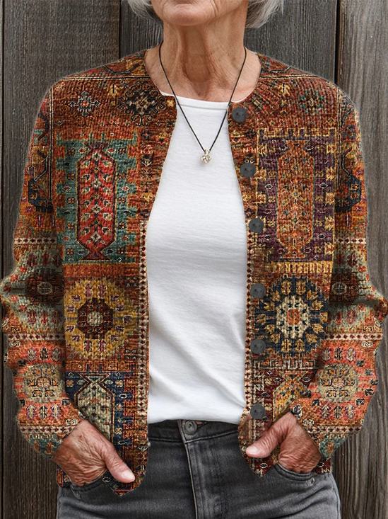Women Abstract Printing Long Sleeve Crew Neck Vintage Spring/Fall Cardigan Outerwear