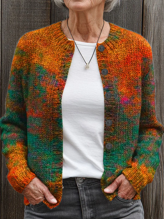 Women Abstract Printing Long Sleeve Crew Neck Vintage Spring/Fall Cardigan Outerwear