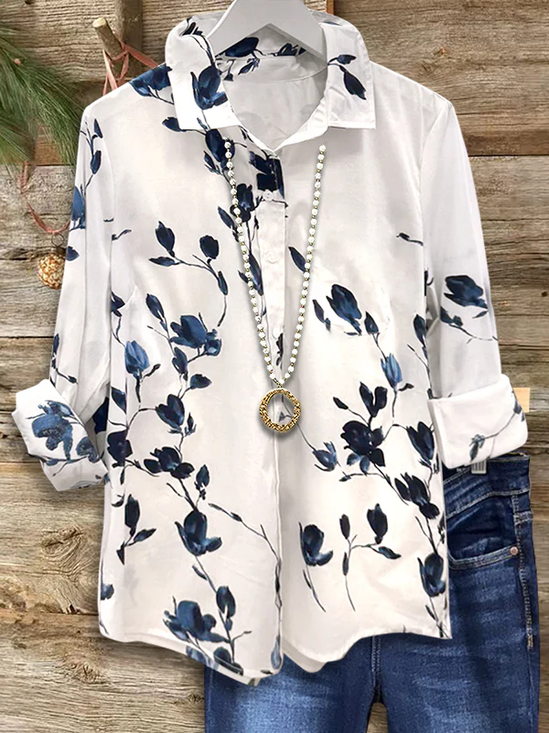 Women Floral Long Sleeve Shirt Spring/Fall Buckle Shirt Collar Regular Sleeve Daily Casual Top