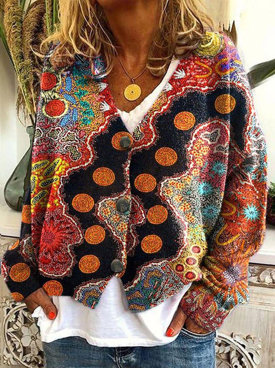 Women Abstract Printing Long Sleeve V Neck Casual Spring/Fall Cardigan Outerwear