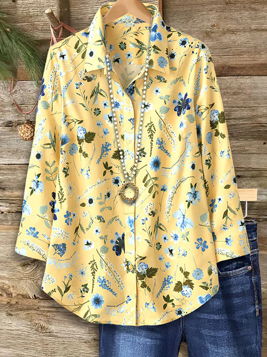 Women Floral Long Sleeve Shirt Spring/Fall Buckle Shirt Collar Regular Sleeve Daily Casual Top