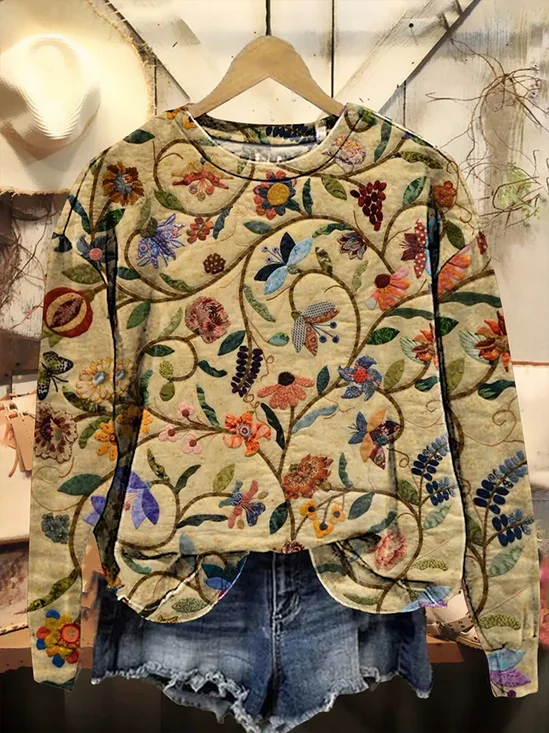 Women Floral Crew Neck Printing Casual Spring/Fall Long Sleeve Sweatshirt