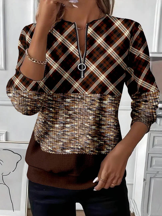 Women Plaid Crew Neck Printing Casual Spring/Fall Long Sleeve Sweatshirt