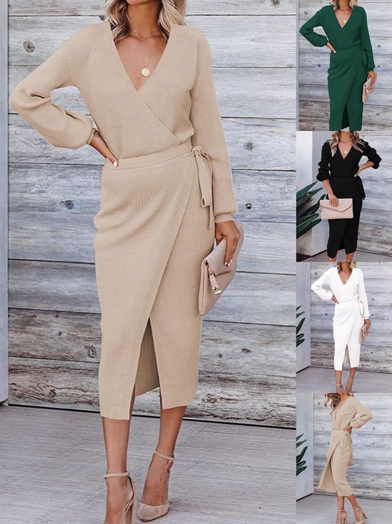 Women Plain Long Sleeve Spring/Fall Split Joint Dress V Neck Daily Vintage Maxi Tank A-Line Dress