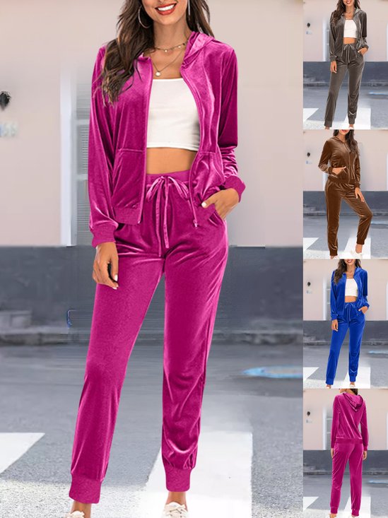 Women Plain Split Joint Two-Piece Set Daily Long Sleeve Casual Spring/Fall Top With Pants Matching Set