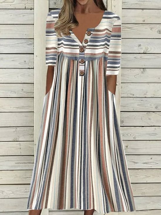 Women Striped Half Sleeve Summer Printing Dress Half Open Collar Daily Casual Maxi A-Line Dress