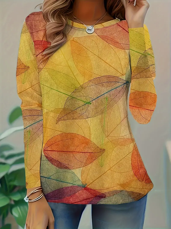 Women Leaf Long Sleeve Tee T-shirt Crew Neck Casual Spring/Fall Tunic Top