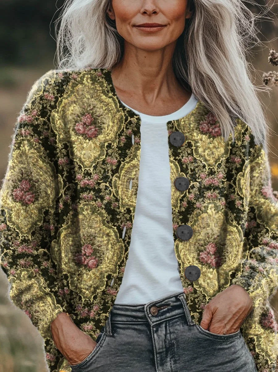 Women Floral Printing Long Sleeve Crew Neck Vintage Spring/Fall Cardigan Outerwear