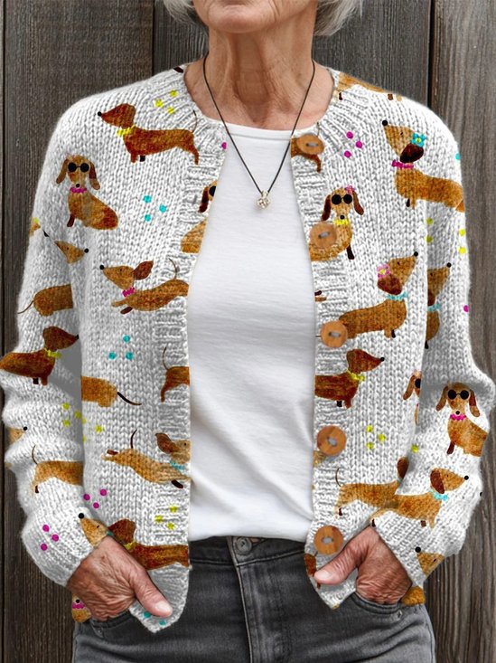Women Animal Picture Buttons Long Sleeve Crew Neck Vintage Spring/Fall Cardigan Outerwear