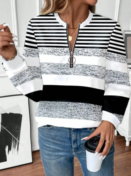 Women Striped Crew Neck Printing Casual Spring/Fall Long Sleeve Sweatshirt