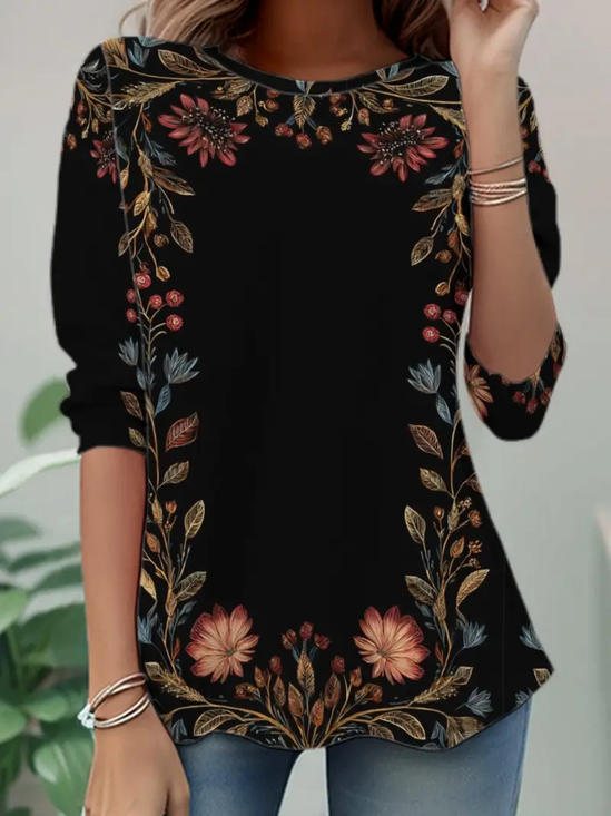 Women Floral Long Sleeve Tee T-shirt Crew Neck Casual Spring/Fall Tunic Top
