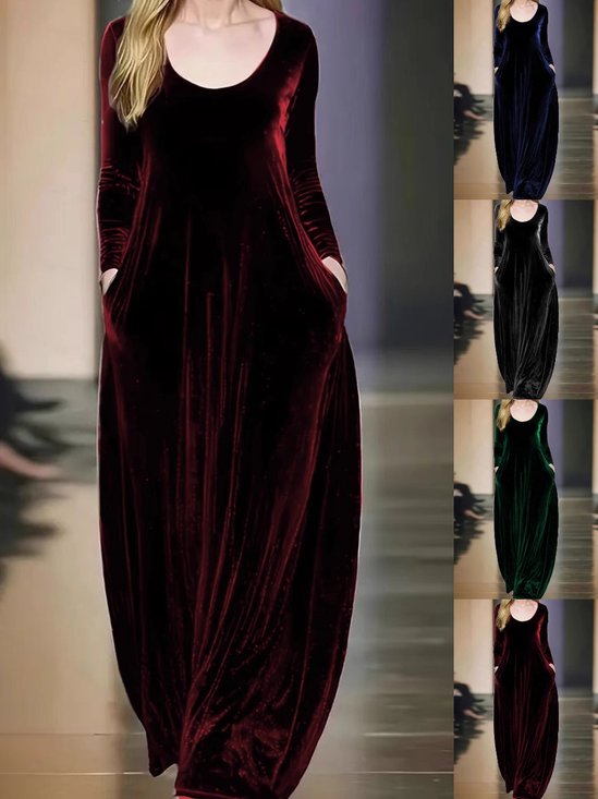 Women Plain Long Sleeve Spring/Fall Split Joint Dress Crew Neck Daily Vintage Maxi Velvet A-Line Dress