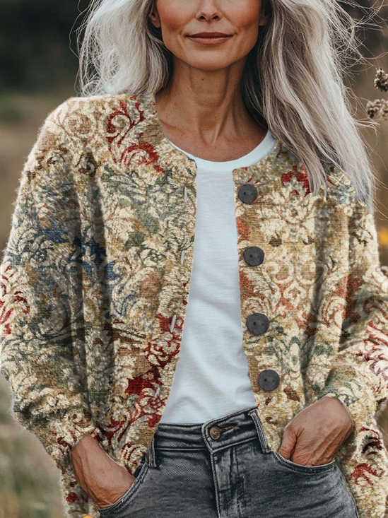 Women Floral Printing Long Sleeve Crew Neck Vintage Spring/Fall Cardigan Outerwear