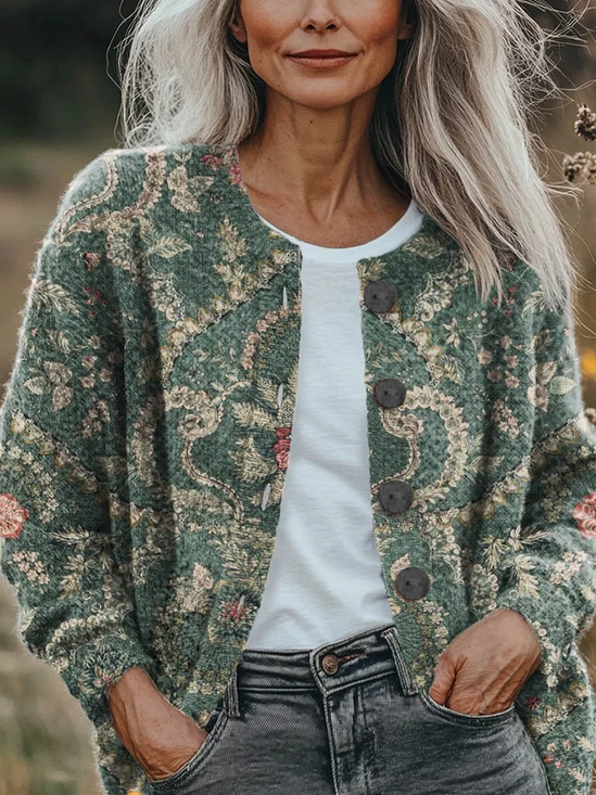 Women Floral Printing Long Sleeve Crew Neck Vintage Spring/Fall Cardigan Outerwear