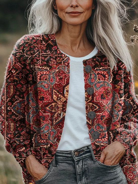 Women Floral Printing Long Sleeve Crew Neck Vintage Spring/Fall Cardigan Outerwear