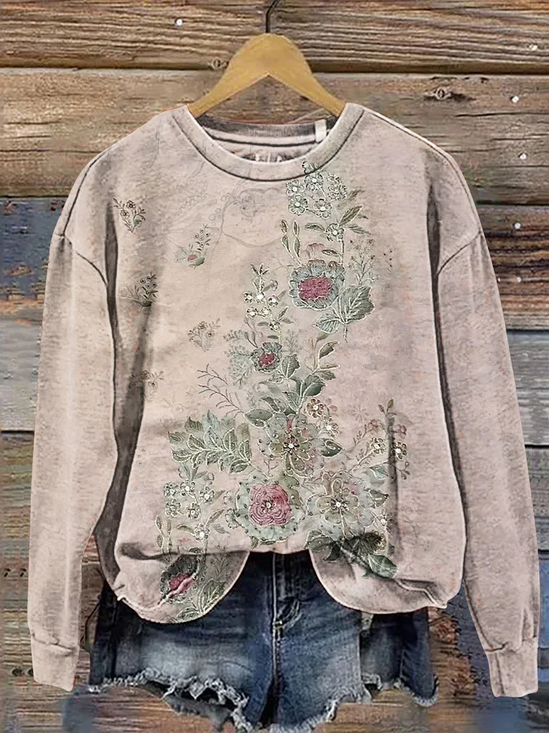 Women Floral Crew Neck Printing Casual Spring/Fall Long Sleeve Sweatshirt