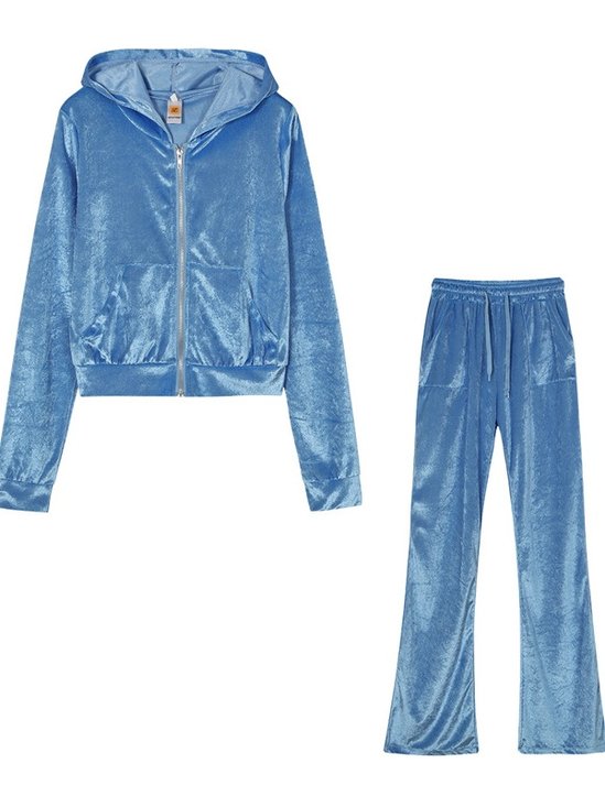 Women Plain Split Joint Two-Piece Set Daily Long Sleeve Casual Spring/Fall Top With Pants Matching Set