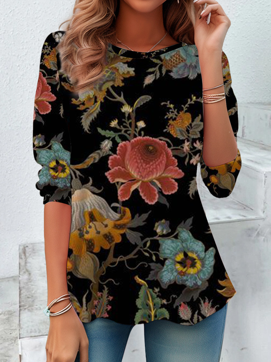 Women Floral Long Sleeve Tee T-shirt Crew Neck Casual Spring/Fall Tunic Top