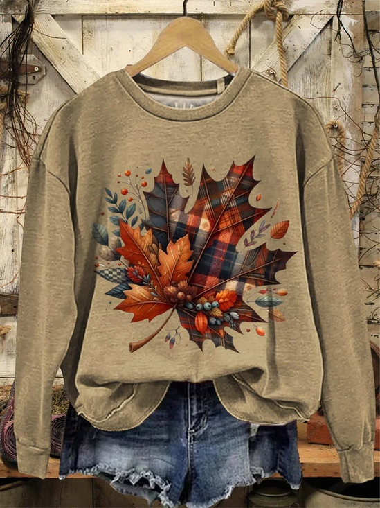 Women Maple Leaf Crew Neck Printing Casual Spring/Fall Long Sleeve Sweatshirt