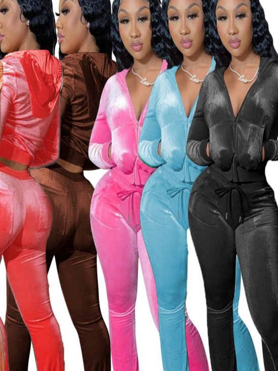 Women Plain Split Joint Two-Piece Set Daily Long Sleeve Casual Spring/Fall Top With Pants Matching Set