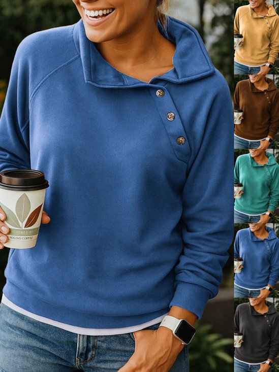 Women Plain Asymmetrical Collar Split Joint Vintage Spring/Fall Long Sleeve Sweatshirt