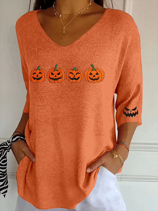 Women Halloween (pumpkin) Three Quarter Sleeve Tee T-shirt V Neck Printing Casual Spring/Fall Graphic Tee Top
